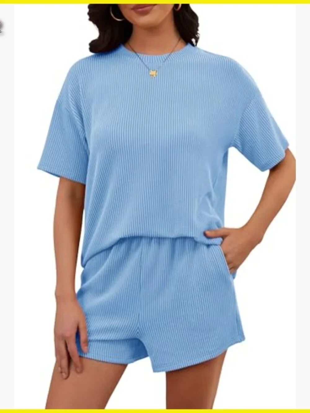 Oversized Ribbed Knit Lounge Set Short Sleeve Top Matching Shorts Tracksuit